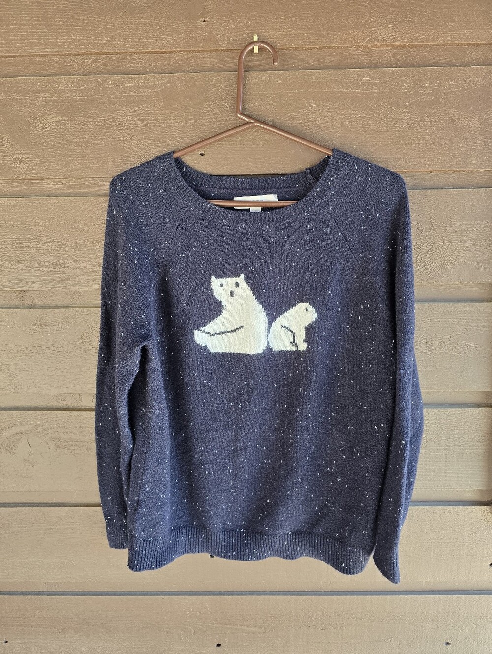 LOFT Polar Bear Graphic Speckled Knit Crewneck Sweater Navy Blue Size L